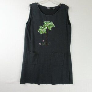 Moka Sport Black Sleeveless Green Beaded Tunic Size XL Pockets Sequin Palm Trees